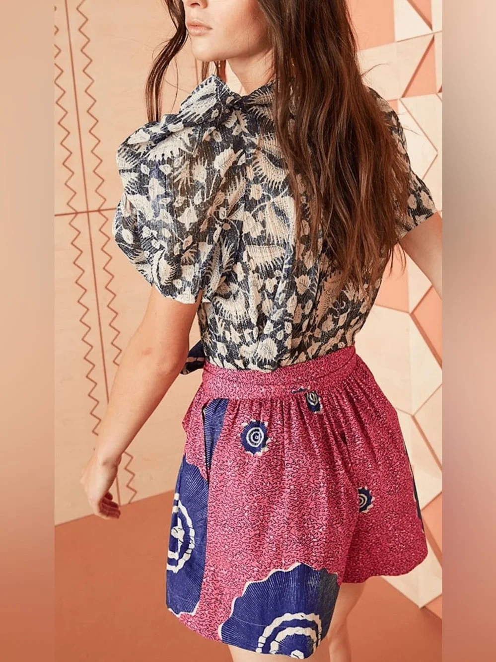 Ulla Johnson‎ Nova Top Indigo Batik Floral Metallic Puff Sleeve Blouse Size 0